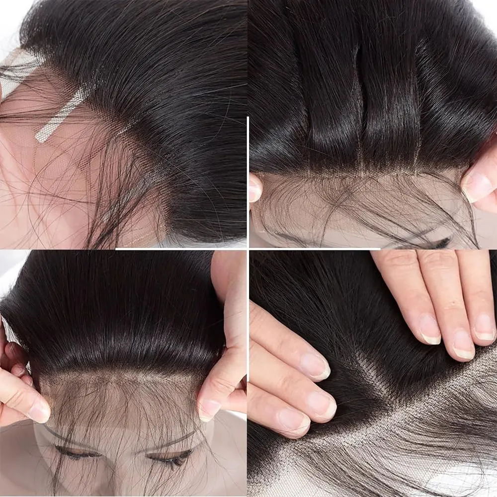 4X4 Straight HD Lace Closure Human Hair Extensions 12A Brazilian Virgin Remy 100% Unprocessed Human Hair Frontal Free Part Closure Only Pre Plucked With Baby Hair Natural Black 14 Inch