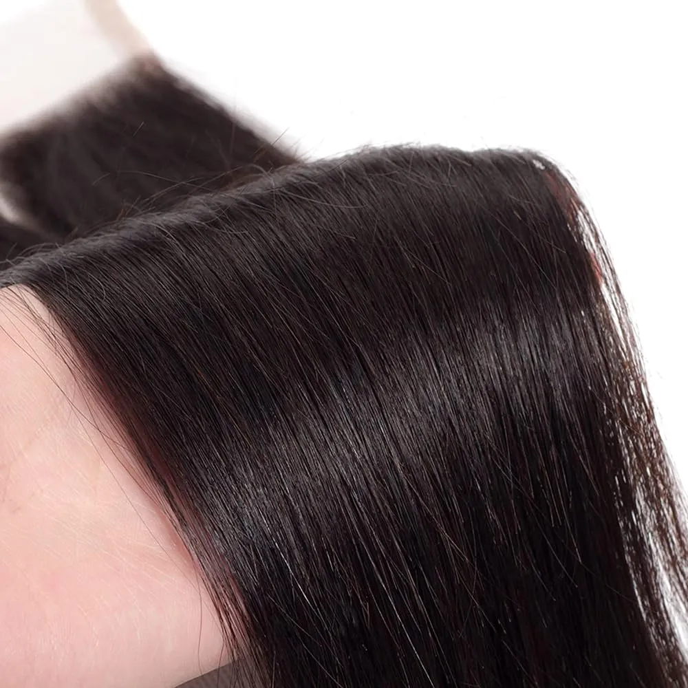 4X4 Straight HD Lace Closure Human Hair Extensions 12A Brazilian Virgin Remy 100% Unprocessed Human Hair Frontal Free Part Closure Only Pre Plucked With Baby Hair Natural Black 14 Inch