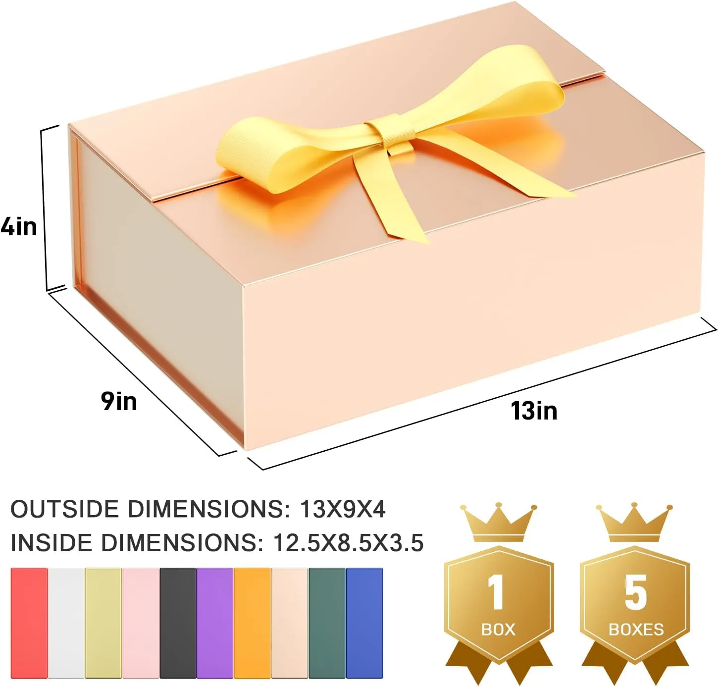 5 Large Gift Box, 13x9x4 inch Rose Gold Gift Box with Magnetic Lid for Presents Contains Card, Ribbon, Collapsible for Bridesmaid Proposal