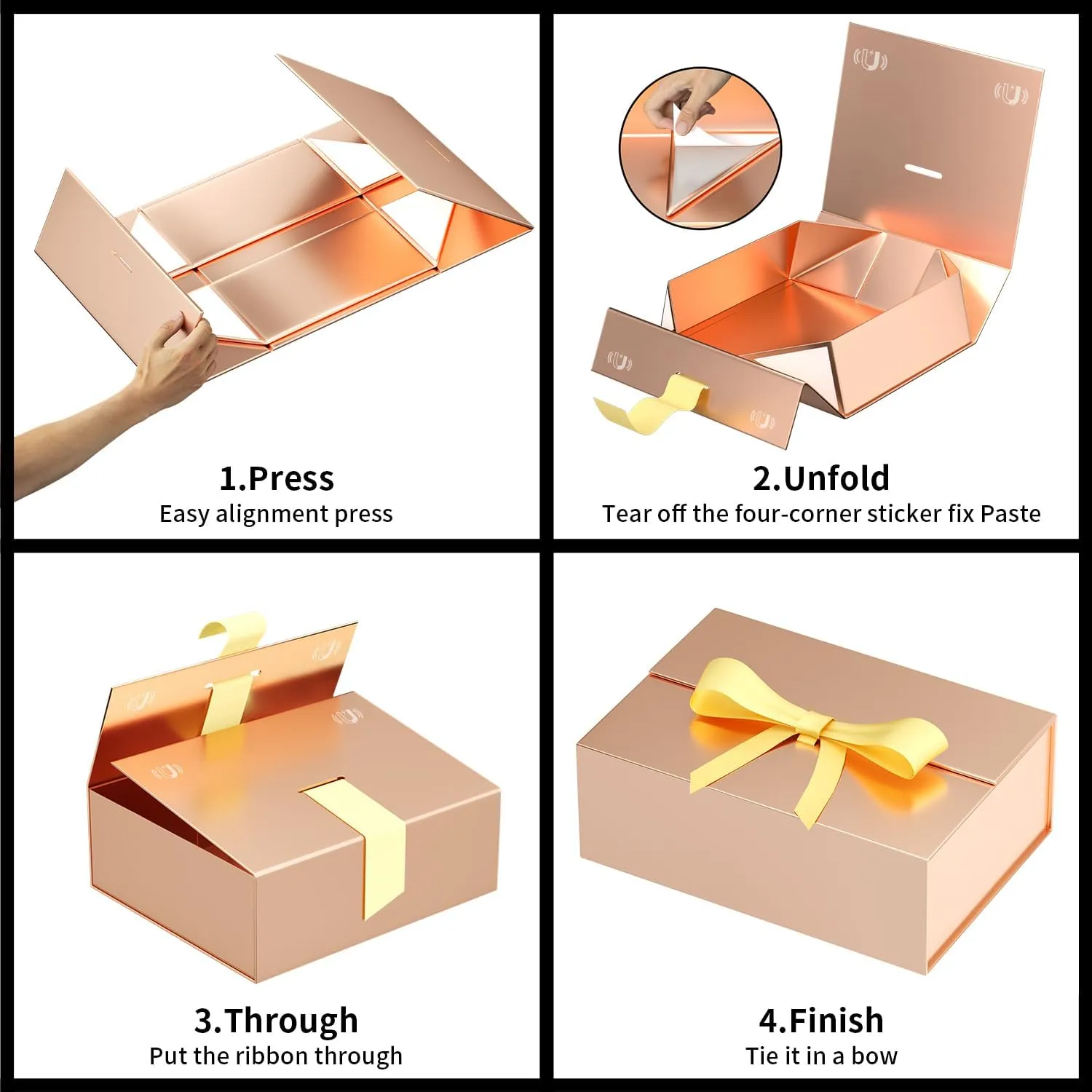 5 Large Gift Box, 13x9x4 inch Rose Gold Gift Box with Magnetic Lid for Presents Contains Card, Ribbon, Collapsible for Bridesmaid Proposal