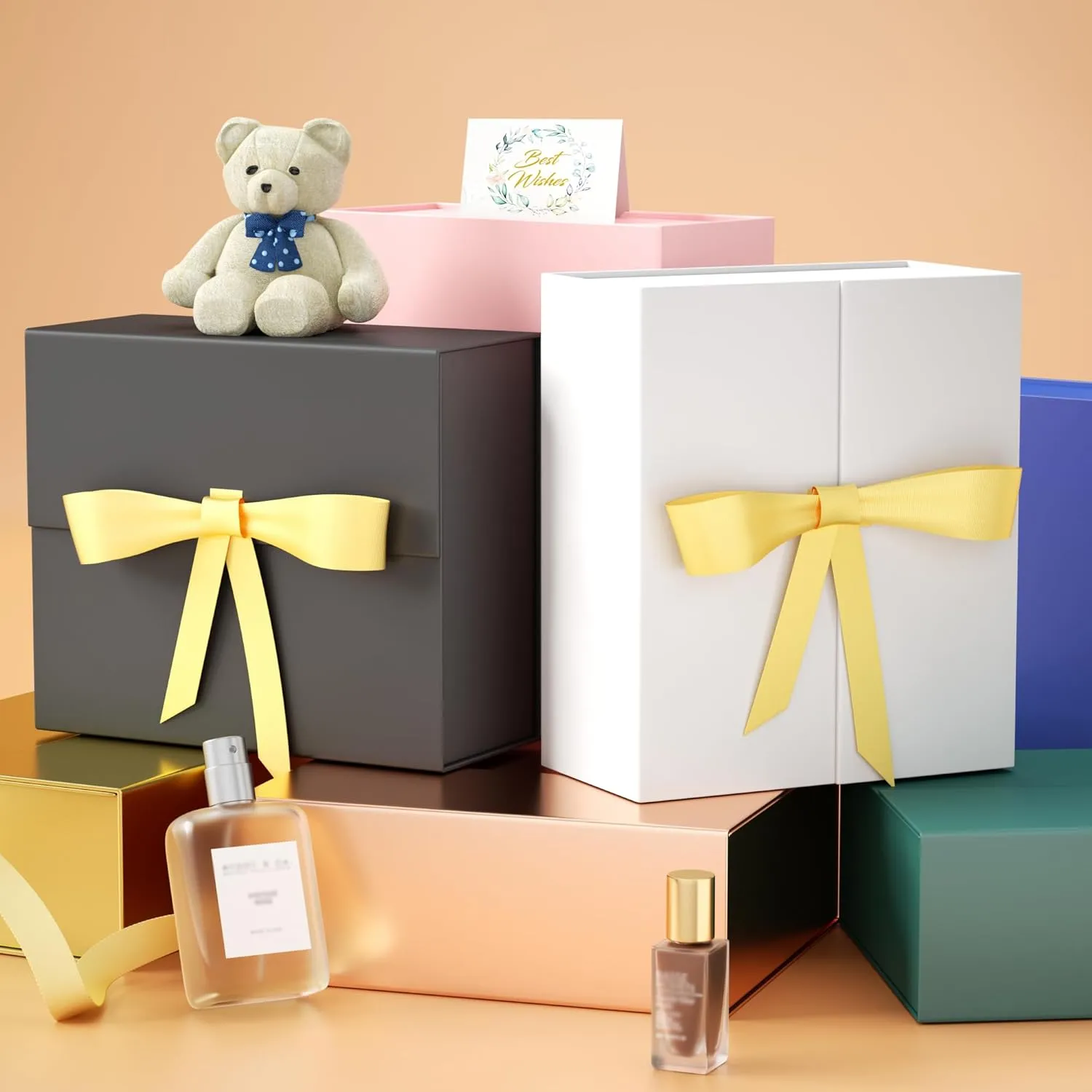 5 Large Gift Box, 13x9x4 inch Rose Gold Gift Box with Magnetic Lid for Presents Contains Card, Ribbon, Collapsible for Bridesmaid Proposal