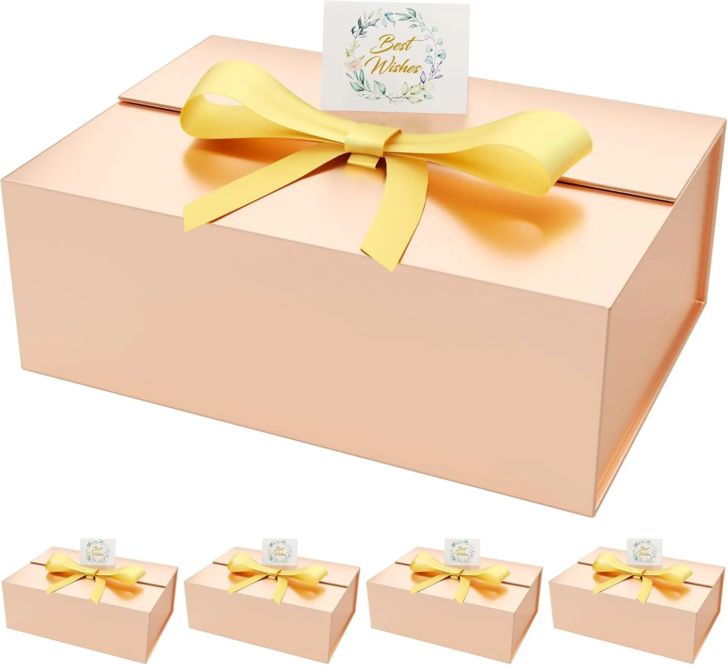 5 Large Gift Box, 13x9x4 inch Rose Gold Gift Box with Magnetic Lid for Presents Contains Card, Ribbon, Collapsible for Bridesmaid Proposal