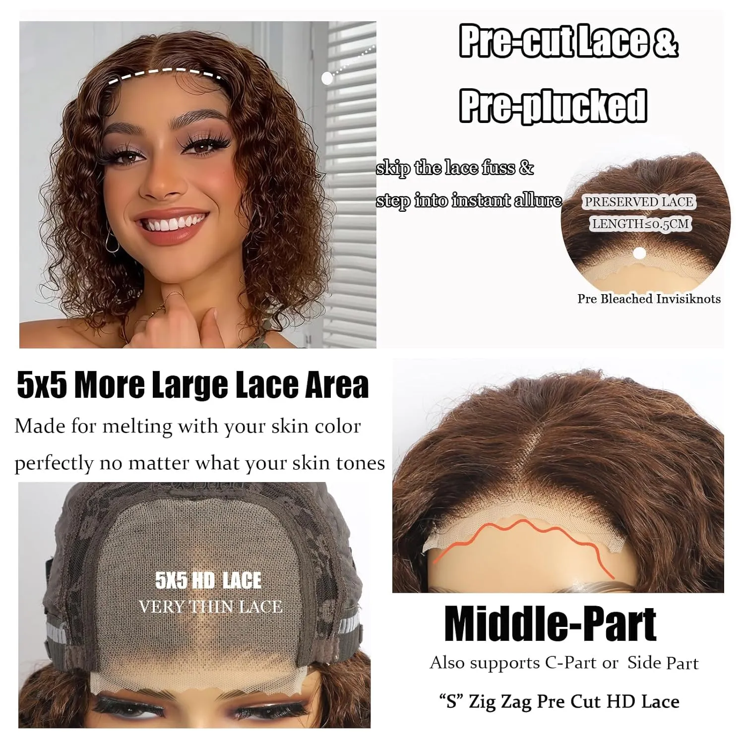 5×5 Closure Bob Wig Human Hair Glueless Wigs Human Hair Pre Plucked Pre Cut Short Curly Wig Water Wave Middle Part 4# Chocolate Brown for Women Wigs for Black Women 12Inch