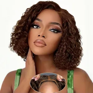 5×5 Closure Bob Wig Human Hair Glueless Wigs Human Hair Pre Plucked Pre Cut Short Curly Wig Water Wave Middle Part 4# Chocolate Brown for Women Wigs for Black Women 12Inch
