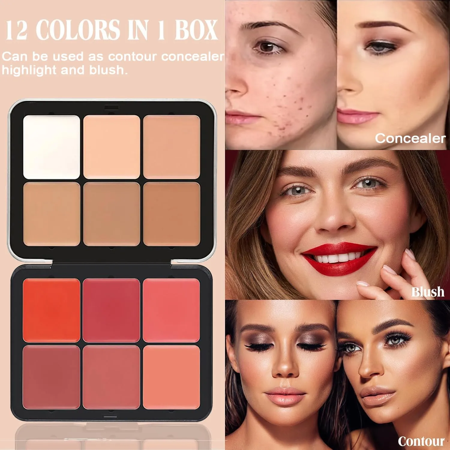 6 Colors Cream Blush & Concealer Contour Palette, Carla Secret Makeup Palette with 11 Pcs Makeup Brush Set, Long Wearing Blendable Full Coverage Foundation