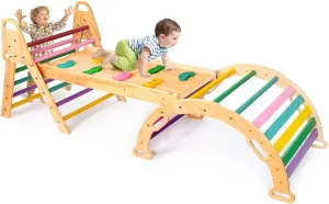 7in1 Foldable Baby Climbing Toys, Brown Wooden Montessori Climbing Set with Arch&Ramp&Ladder Baby Climber Indoor Jungle Gyms for Toddlers Montessori Toys