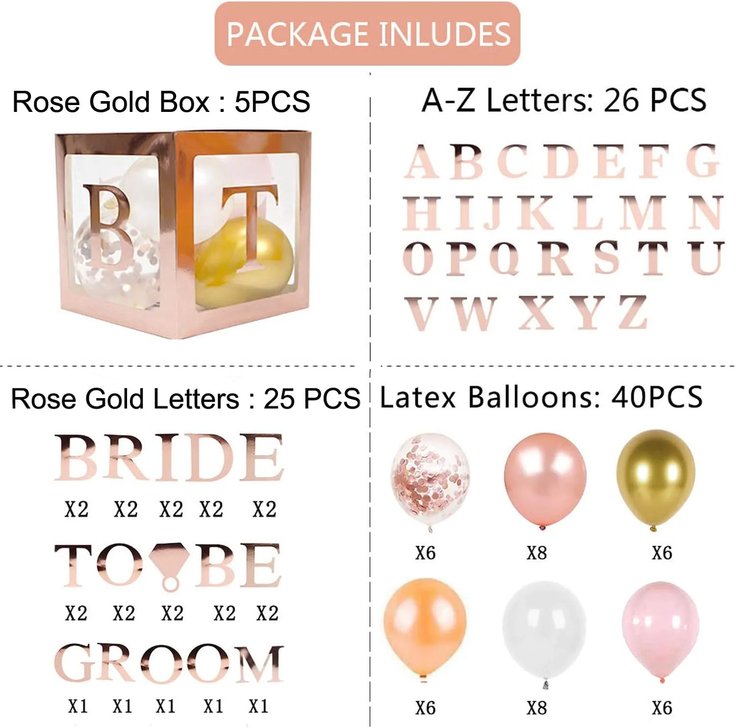 96 PC Bridal Shower Decorations Balloon Boxes Rose Gold - Transparent Block with BRIDE TO BE   GROOM   A - Z Letters and 40 Balloons- Engagement Bachelorette Parties Weddings Centerpieces Photo Booth