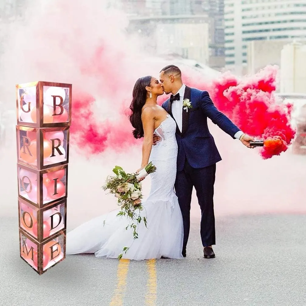 96 PC Bridal Shower Decorations Balloon Boxes Rose Gold - Transparent Block with BRIDE TO BE   GROOM   A - Z Letters and 40 Balloons- Engagement Bachelorette Parties Weddings Centerpieces Photo Booth