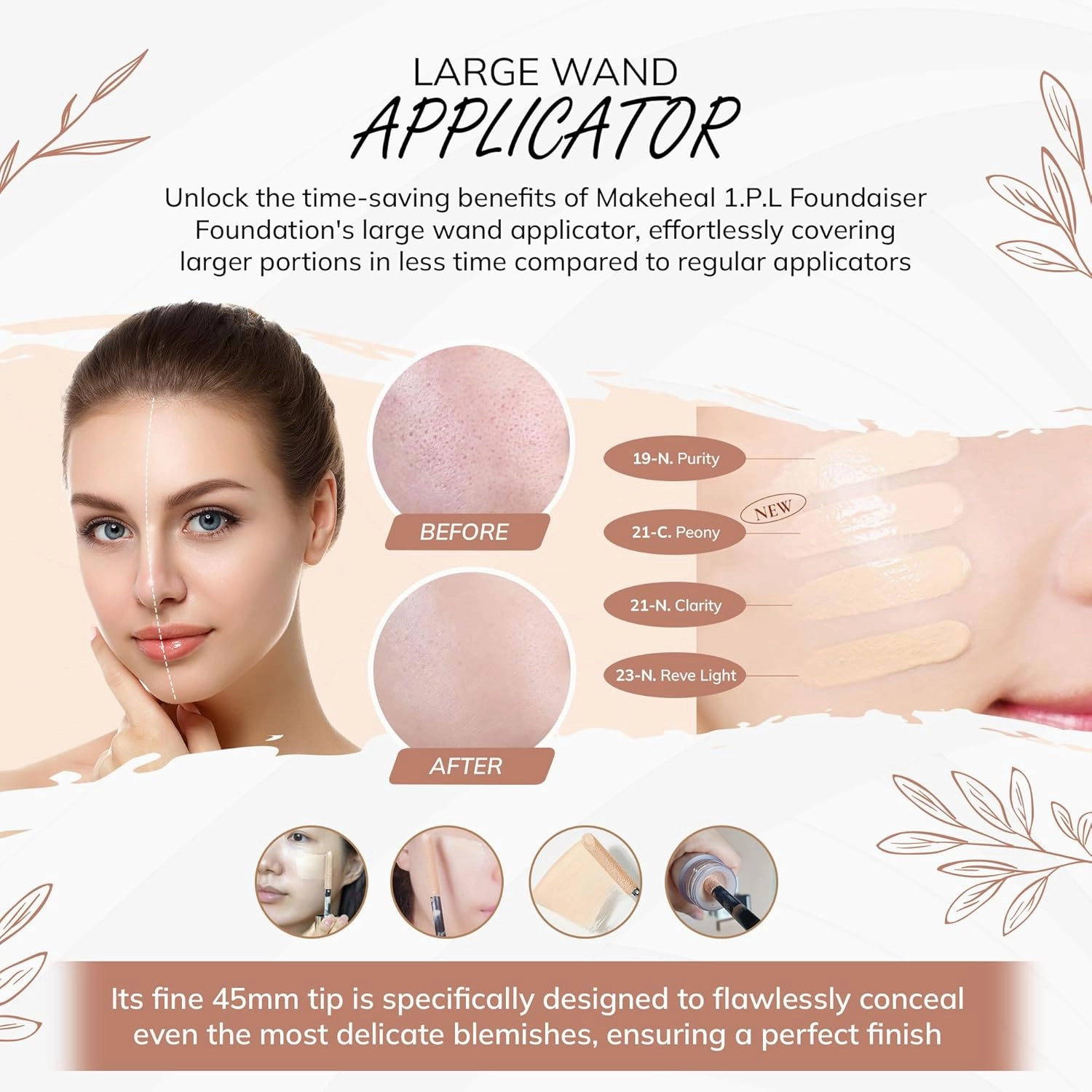 [Makeheal] 1.P.L Foundaiser Foundation SPF 20 PA  , 24 Hours Power-Lasting Coverage, Large Wand Applicator, Dual-Function Foundation, Perfect Blemish Coverage, Korean Beauty (0.98oz) (21C - Peony)