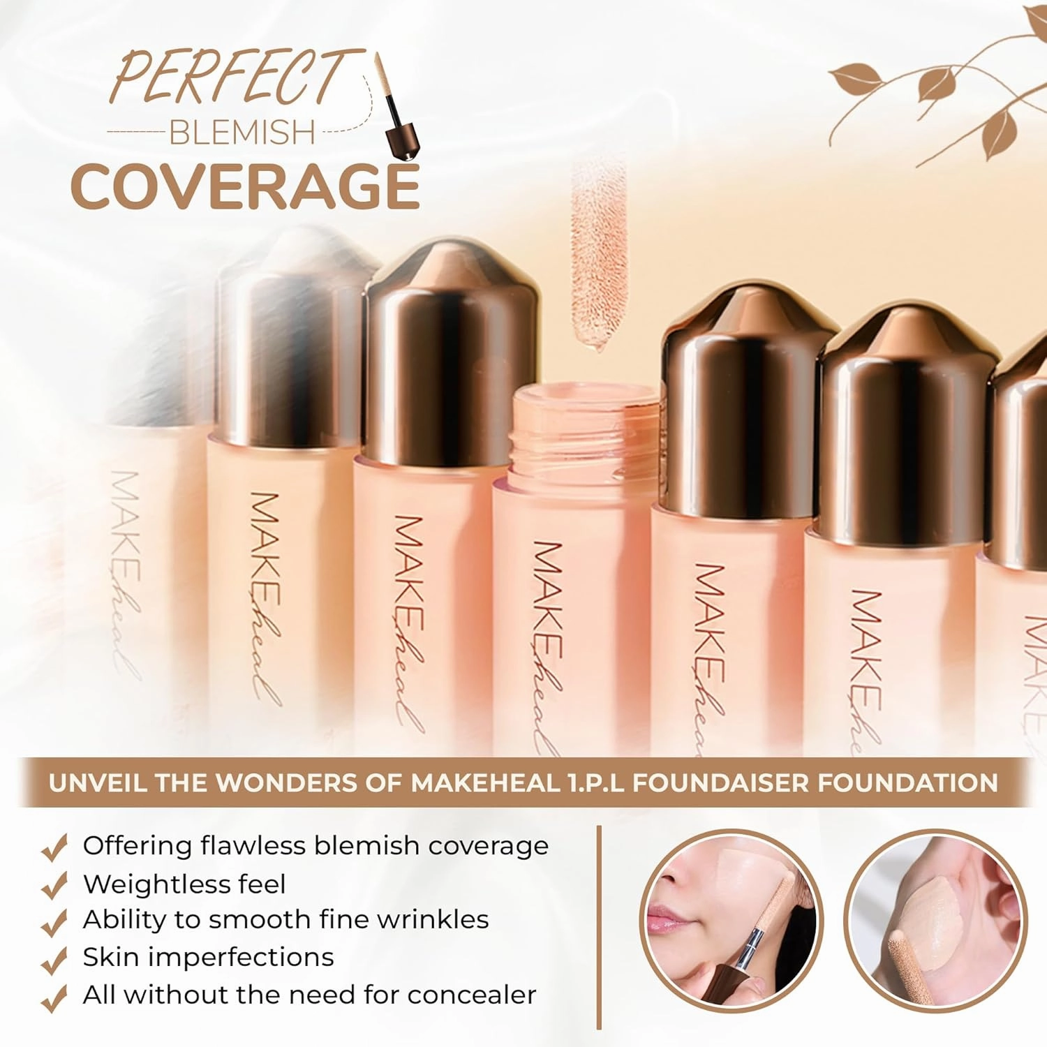 [Makeheal] 1.P.L Foundaiser Foundation SPF 20 PA  , 24 Hours Power-Lasting Coverage, Large Wand Applicator, Dual-Function Foundation, Perfect Blemish Coverage, Korean Beauty (0.98oz) (21C - Peony)