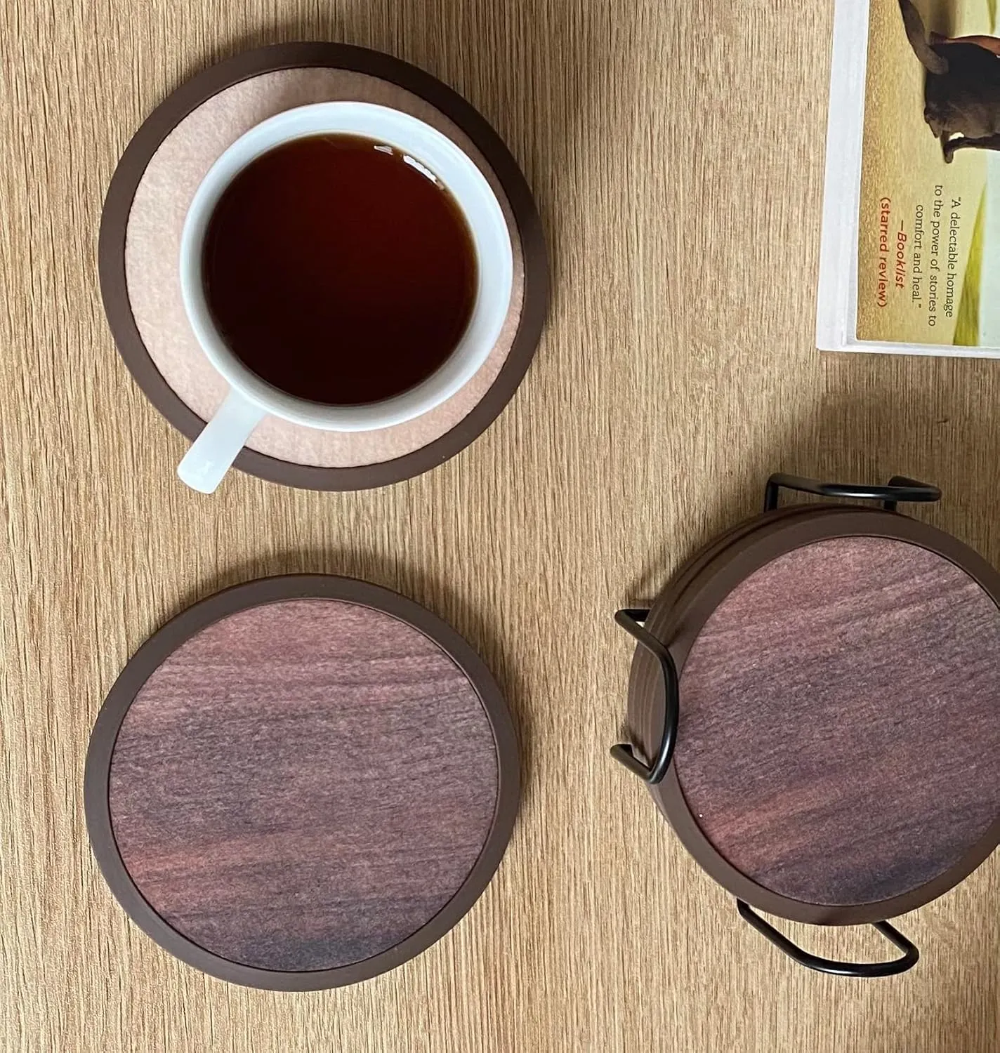 Absorbent Coasters for Drinks with Holder - 6packs, Silicone Coasters with Soft Felt Insert (4.3 inch Coasters with 4.5 inch Holder, Wooden Style)
