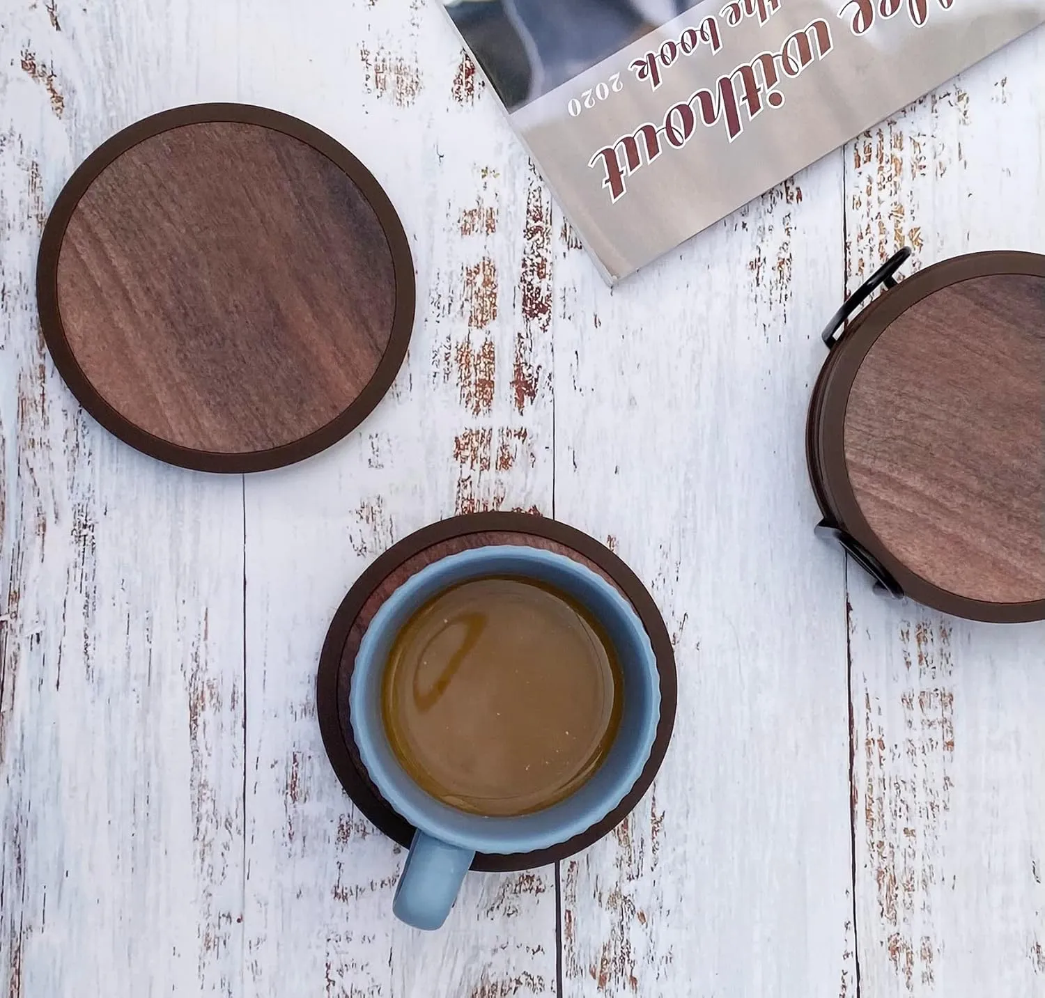 Absorbent Coasters for Drinks with Holder - 6packs, Silicone Coasters with Soft Felt Insert (4.3 inch Coasters with 4.5 inch Holder, Wooden Style)