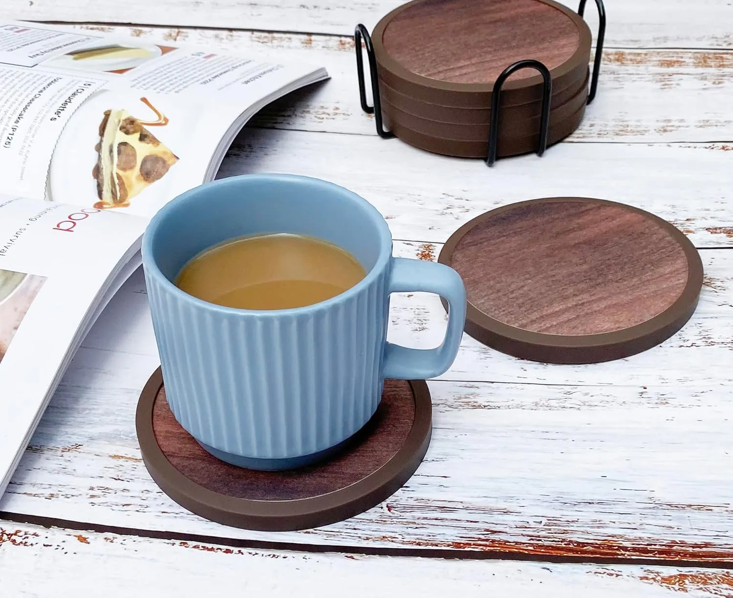 Absorbent Coasters for Drinks with Holder - 6packs, Silicone Coasters with Soft Felt Insert (4.3 inch Coasters with 4.5 inch Holder, Wooden Style)