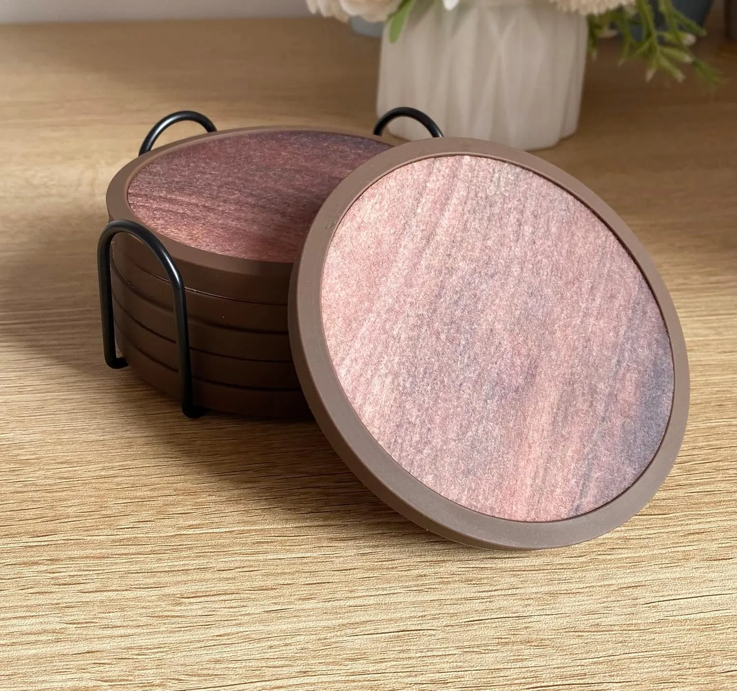 Absorbent Coasters for Drinks with Holder - 6packs, Silicone Coasters with Soft Felt Insert (4.3 inch Coasters with 4.5 inch Holder, Wooden Style)