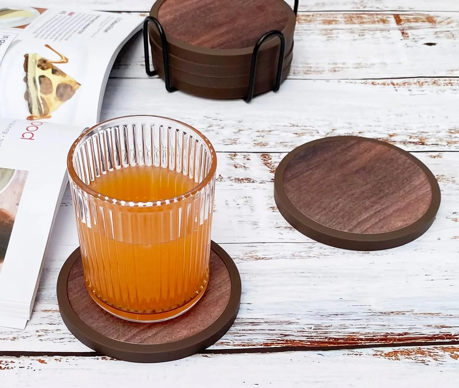 Absorbent Coasters for Drinks with Holder - 6packs, Silicone Coasters with Soft Felt Insert (4.3 inch Coasters with 4.5 inch Holder, Wooden Style)