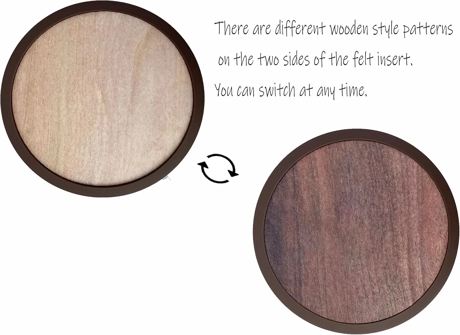 Absorbent Coasters for Drinks with Holder - 6packs, Silicone Coasters with Soft Felt Insert (4.3 inch Coasters with 4.5 inch Holder, Wooden Style)
