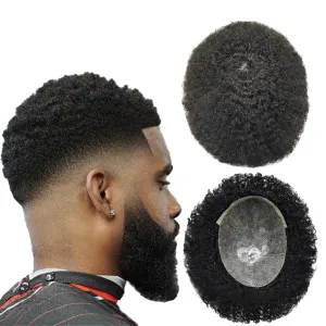 Afro Hair Units for Black Mens Toupee Men Weave Units African American Hair Replacement System Curl Hair Pieces Injected PU Male Afro Hairpiece 10MM Wavy-1# Jet Black