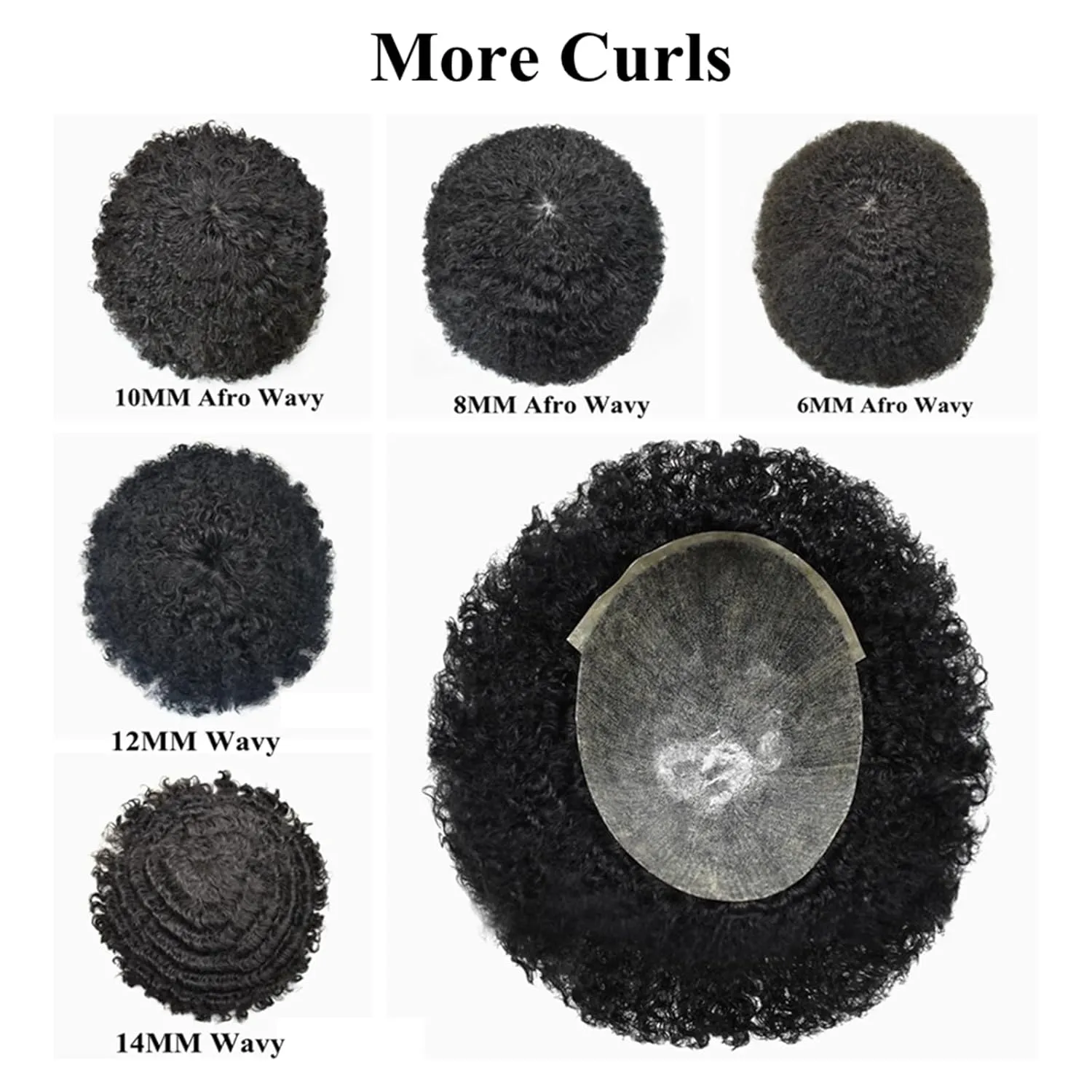 Afro Hair Units for Black Mens Toupee Men Weave Units African American Hair Replacement System Curl Hair Pieces Injected PU Male Afro Hairpiece 10MM Wavy-1# Jet Black