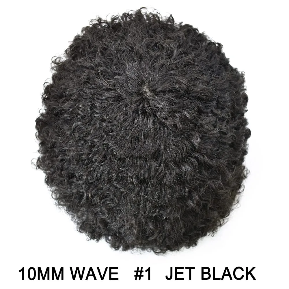 Afro Hair Units for Black Mens Toupee Men Weave Units African American Hair Replacement System Curl Hair Pieces Injected PU Male Afro Hairpiece 10MM Wavy-1# Jet Black