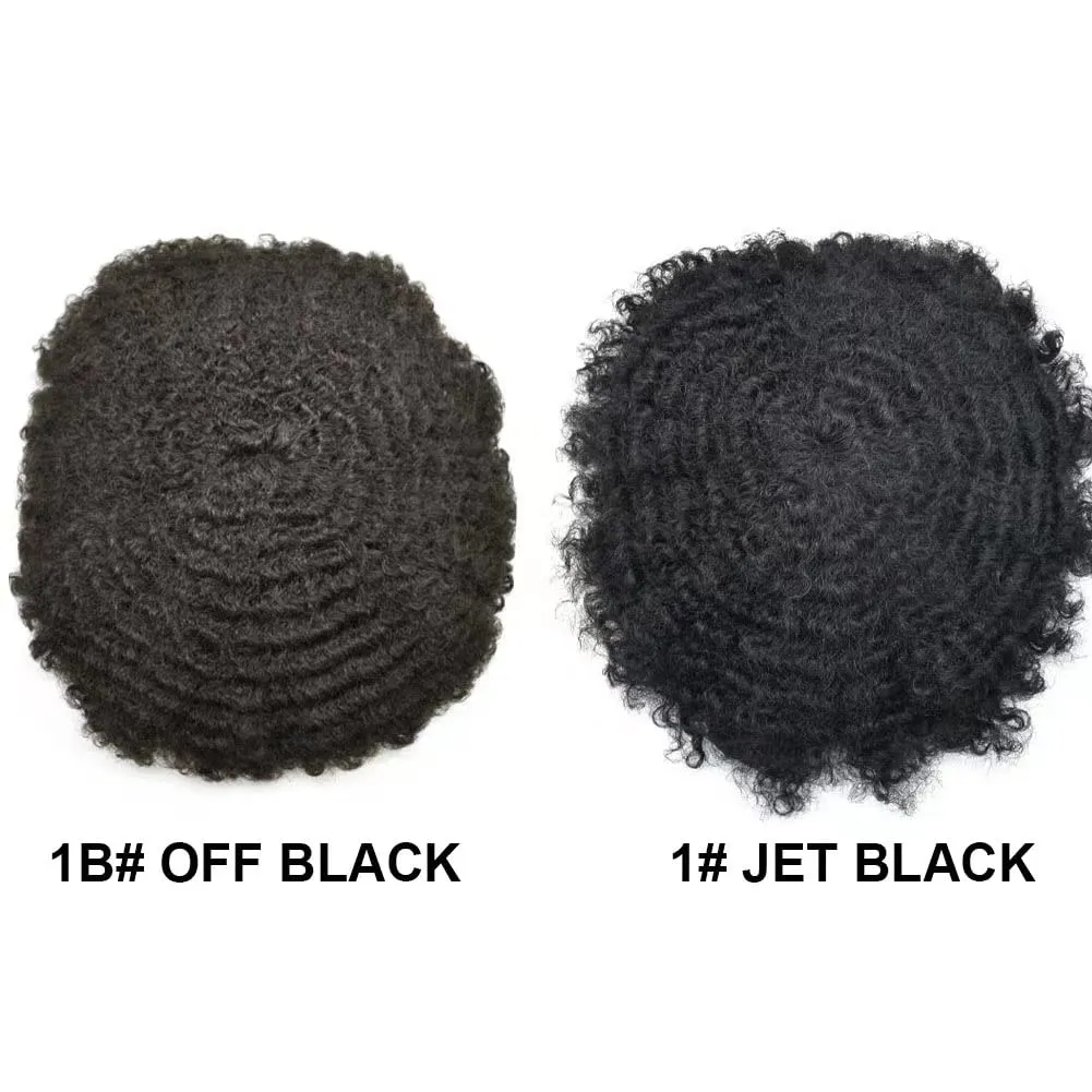 Afro Hair Units for Black Mens Toupee Men Weave Units African American Hair Replacement System Curl Hair Pieces Injected PU Male Afro Hairpiece 10MM Wavy-1# Jet Black