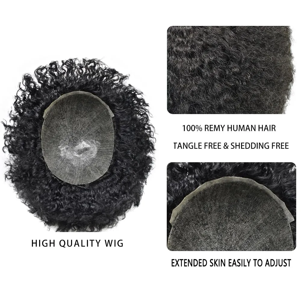 Afro Hair Units for Black Mens Toupee Men Weave Units African American Hair Replacement System Curl Hair Pieces Injected PU Male Afro Hairpiece 10MM Wavy-1# Jet Black
