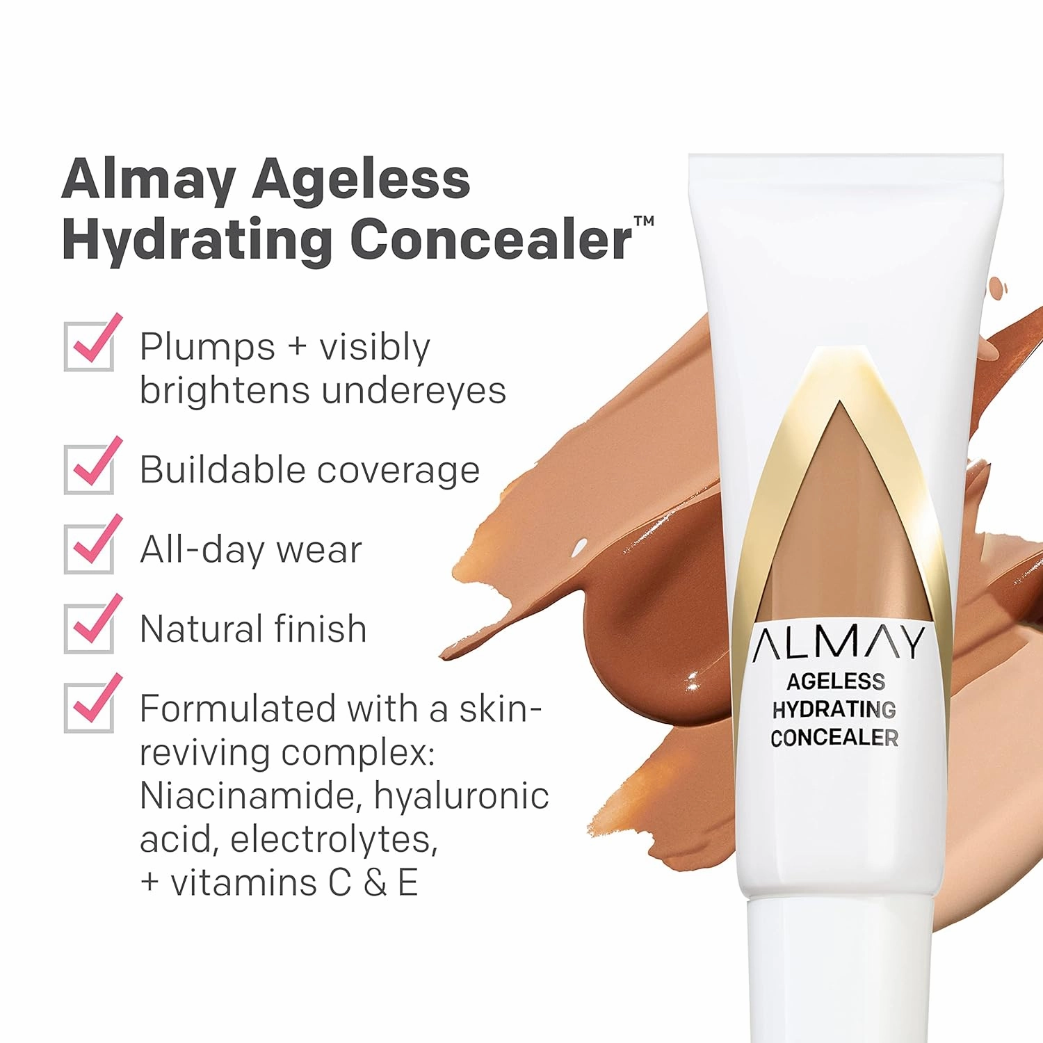 Almay Anti-Aging Concealer, Face Makeup with Hyaluronic Acid, Niacinamide, Vitamin C & E, Hypoallergenic, Fragrance Free, 040 Medium Deep, 0.37 Fl Oz (Pack of 2)