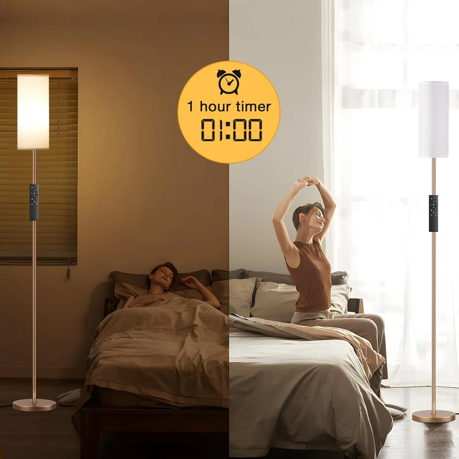 Ambimall 64'' Floor Lamps for Living Room with Remote Control and Stepless Dimmable Colors Temperature & Brightness, 9W Bulb Included(White Lampshade & Brown Pole)