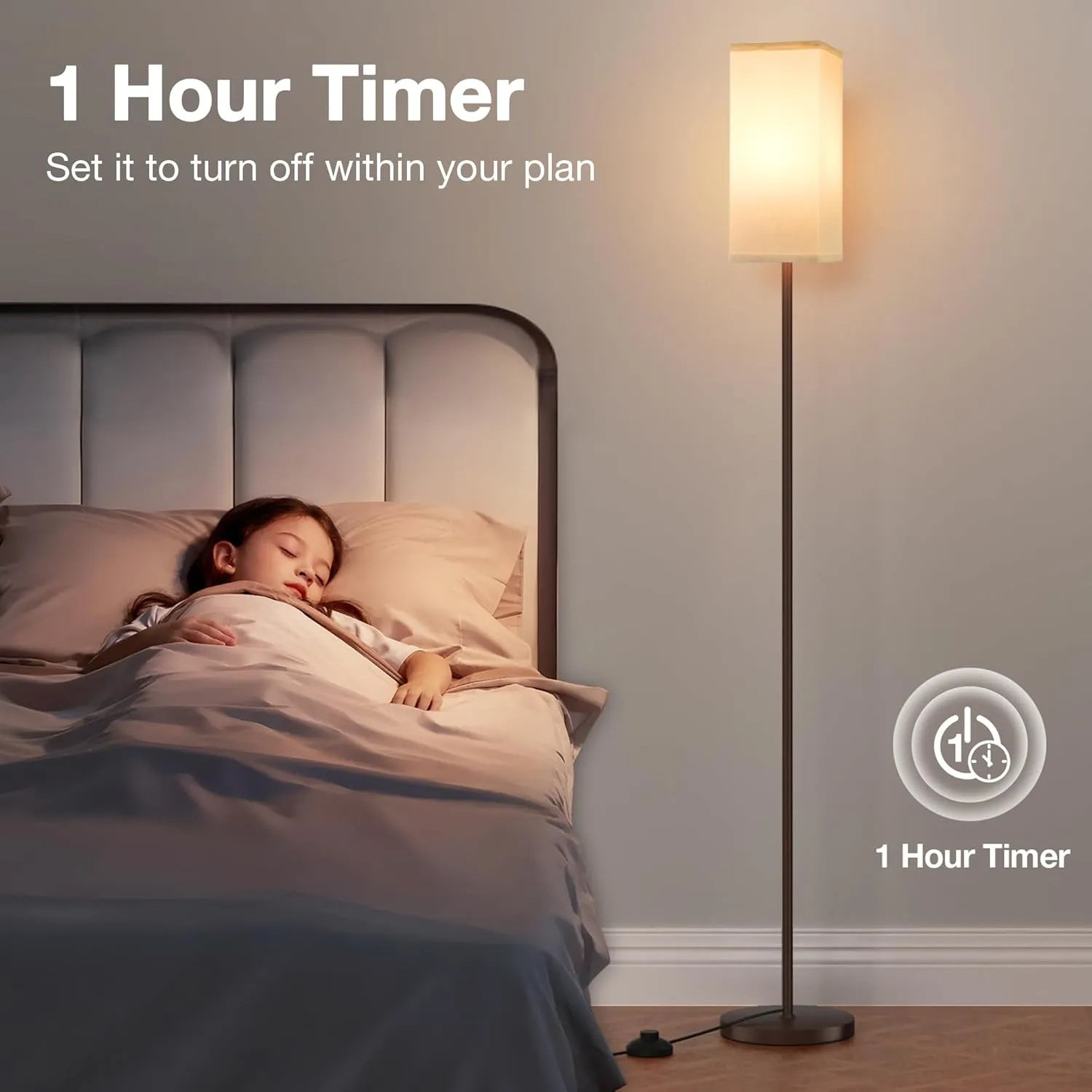 Ambimall Remote Control Floor Lamp, Stepless Dimmable, 64 Inches Tall, Include 9W Bulb, Standing Lamp for Living Room Bedroom Office (White & Brown)