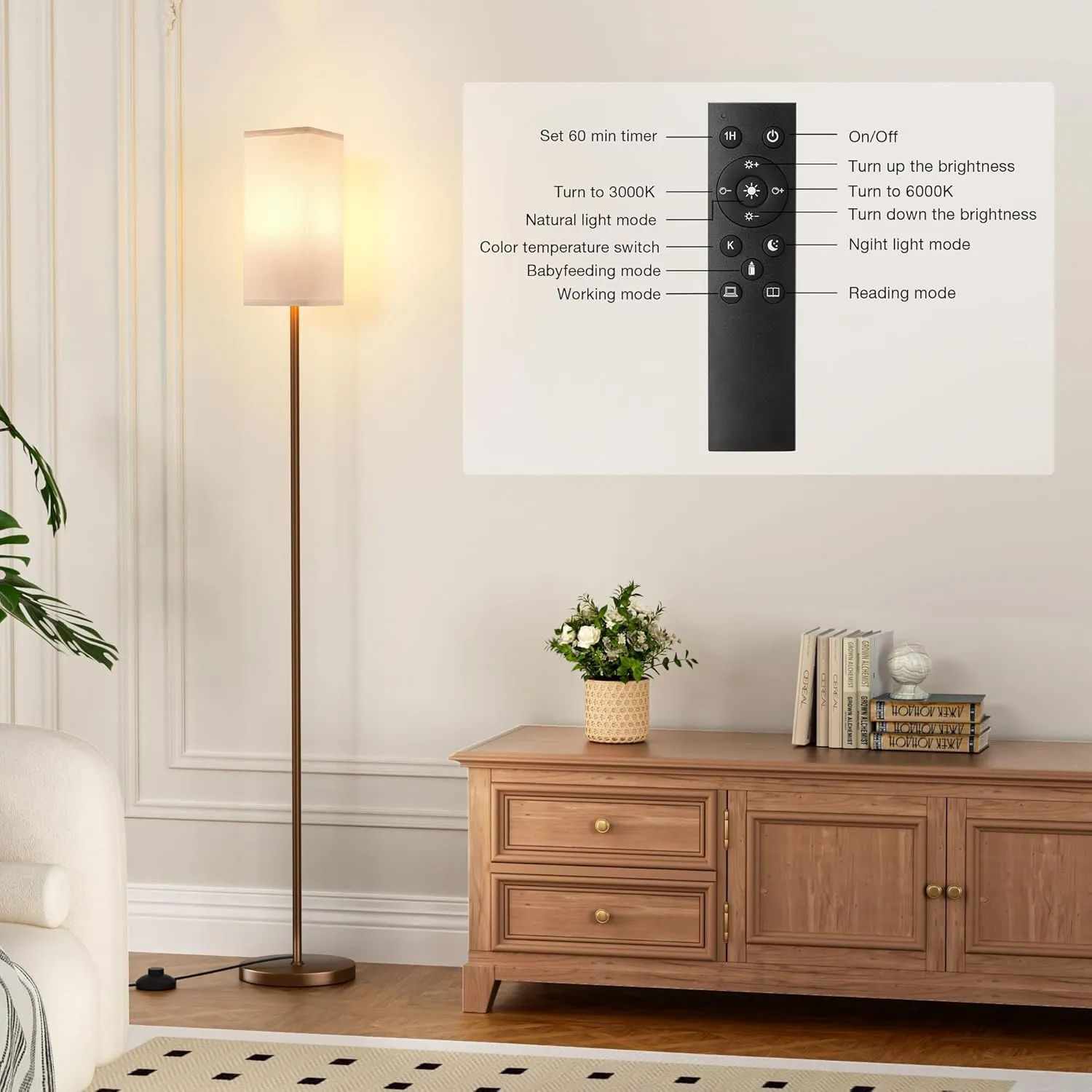 Ambimall Remote Control Floor Lamp, Stepless Dimmable, 64 Inches Tall, Include 9W Bulb, Standing Lamp for Living Room Bedroom Office (White & Brown)