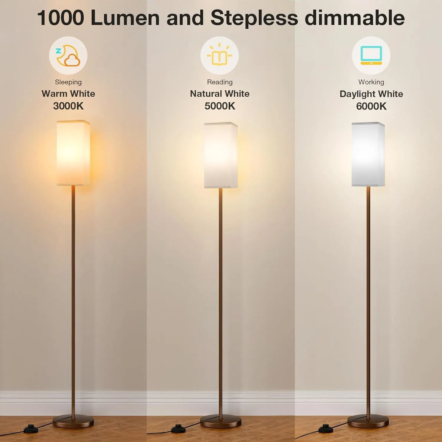 Ambimall Remote Control Floor Lamp, Stepless Dimmable, 64 Inches Tall, Include 9W Bulb, Standing Lamp for Living Room Bedroom Office (White & Brown)