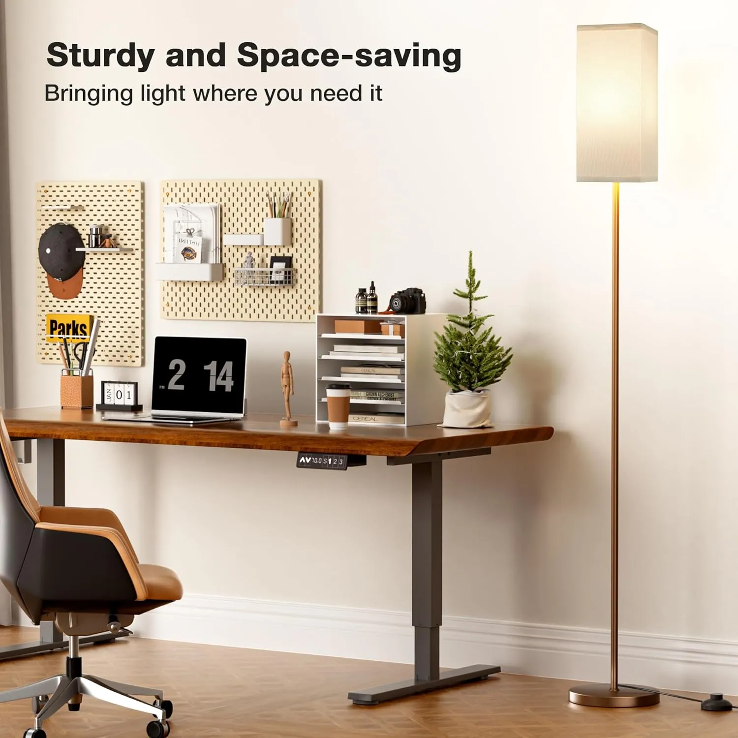 Ambimall Remote Control Floor Lamp, Stepless Dimmable, 64 Inches Tall, Include 9W Bulb, Standing Lamp for Living Room Bedroom Office (White & Brown)