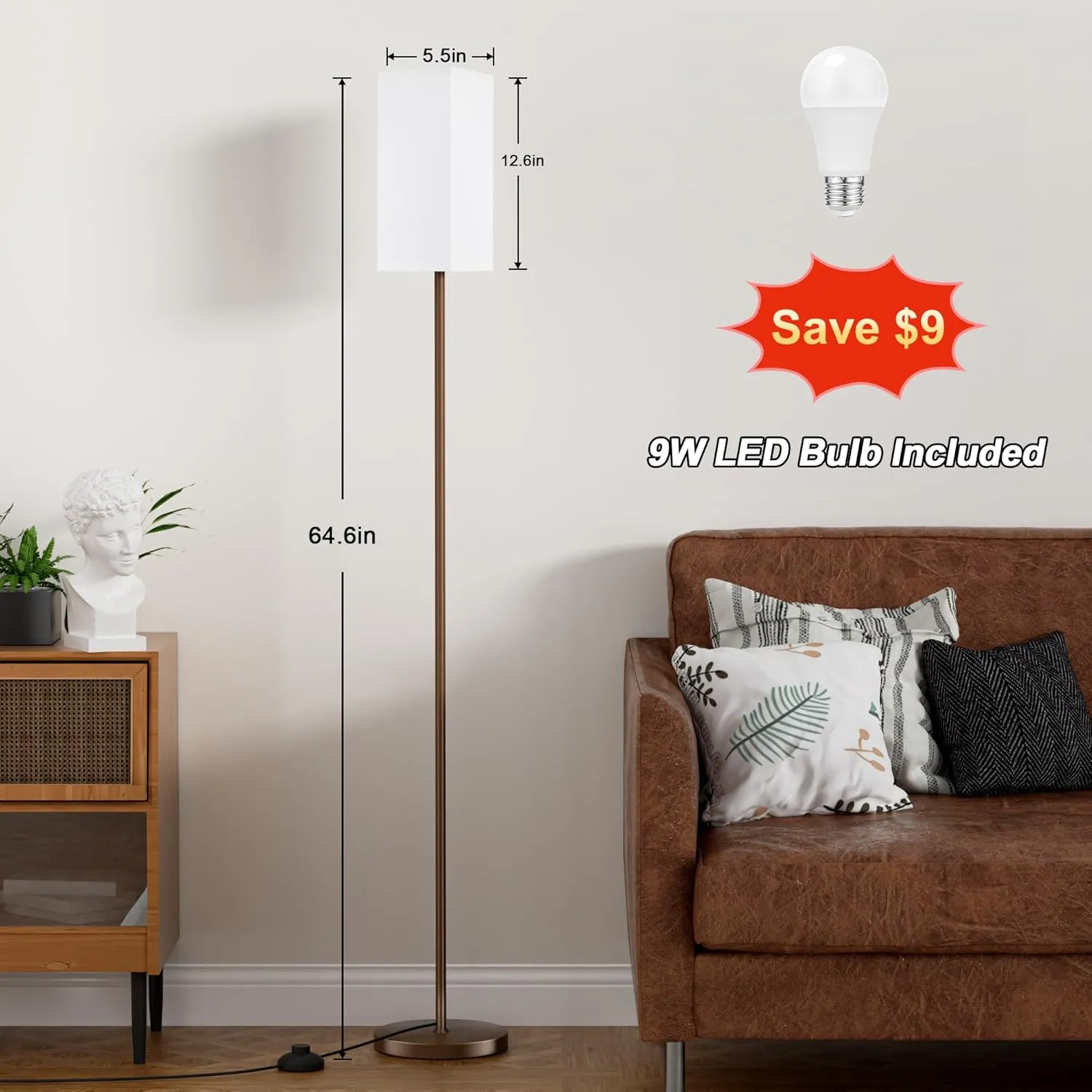 Ambimall Remote Control Floor Lamp, Stepless Dimmable, 64 Inches Tall, Include 9W Bulb, Standing Lamp for Living Room Bedroom Office (White & Brown)