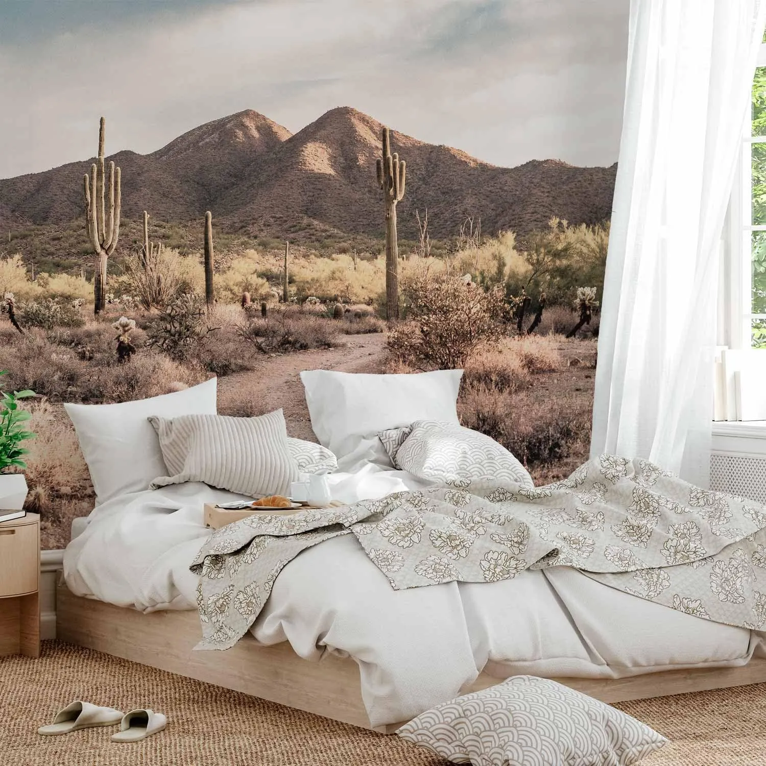 artgeist Peel and Stick Wall Mural Desert Landscape 116x83 in self-Adhesive Wallpaper Nature Wall Art Mountains Wilderness Desert Flora Western Path Country Road Brown Beige Home Decor c-B-10238-a-a