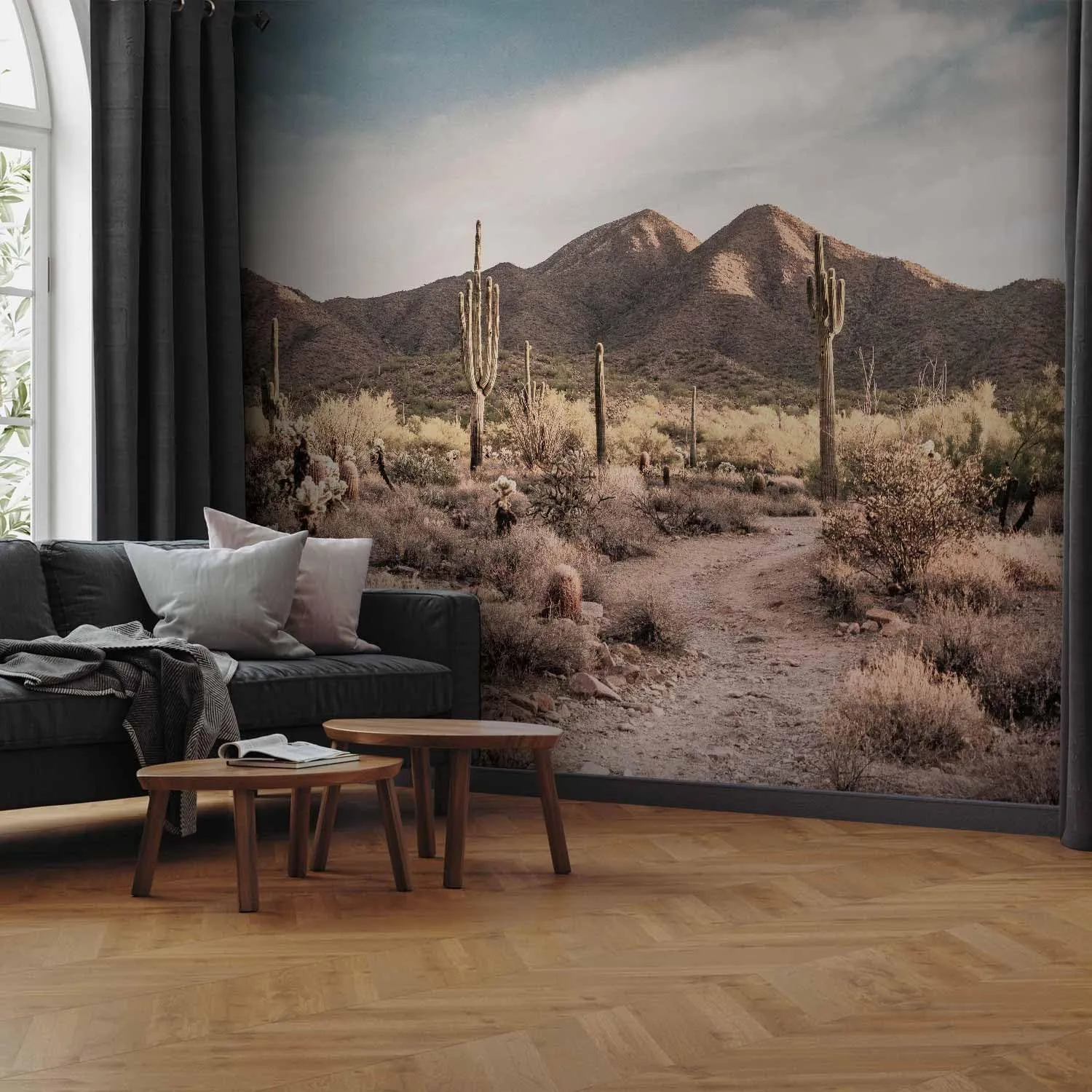 artgeist Peel and Stick Wall Mural Desert Landscape 116x83 in self-Adhesive Wallpaper Nature Wall Art Mountains Wilderness Desert Flora Western Path Country Road Brown Beige Home Decor c-B-10238-a-a