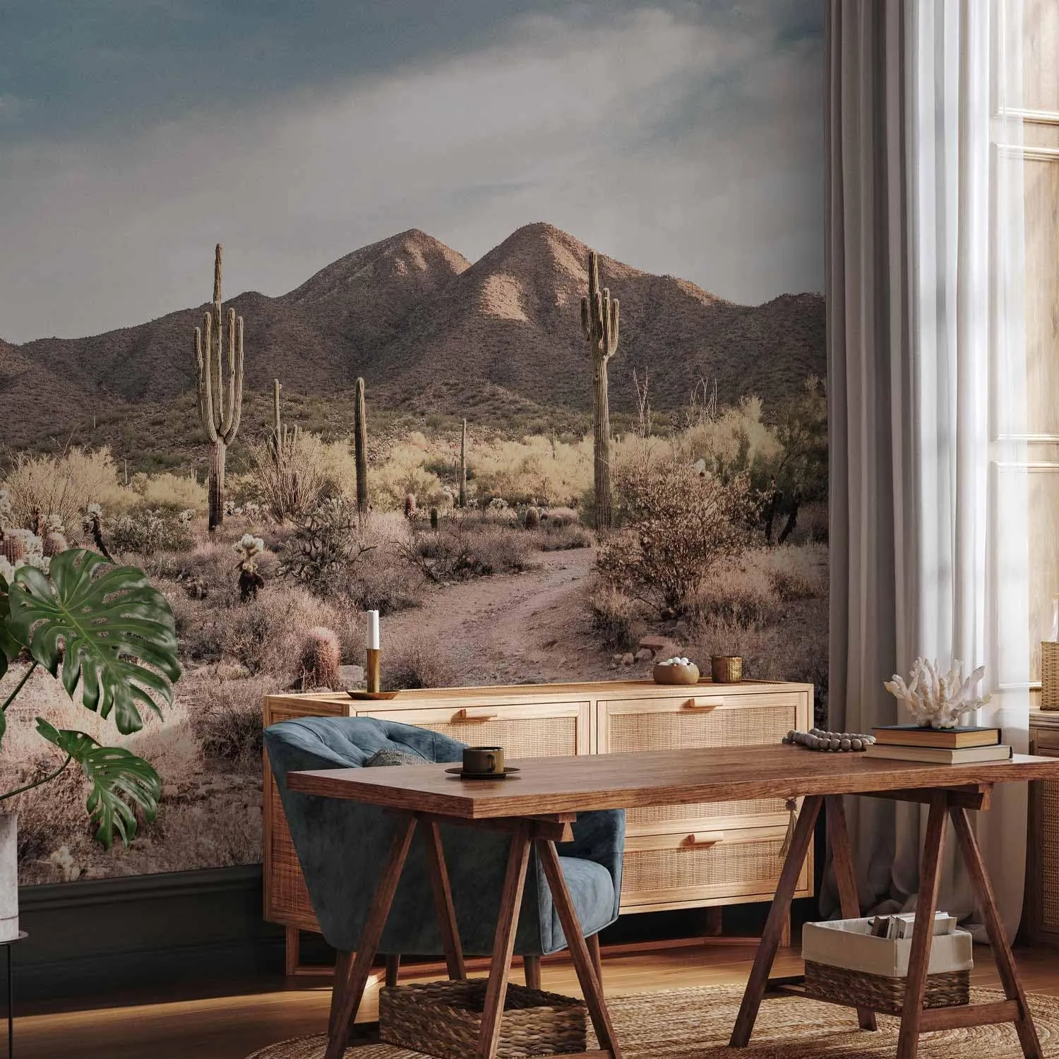 artgeist Peel and Stick Wall Mural Desert Landscape 116x83 in self-Adhesive Wallpaper Nature Wall Art Mountains Wilderness Desert Flora Western Path Country Road Brown Beige Home Decor c-B-10238-a-a