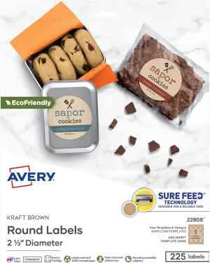 Avery Kraft Brown Round Labels with Sure Feed Technology, 2.5" Diameter, Print to The Edge, Laser/Inkjet Printable Labels, 5 Packs of 22808, 1,125 Total