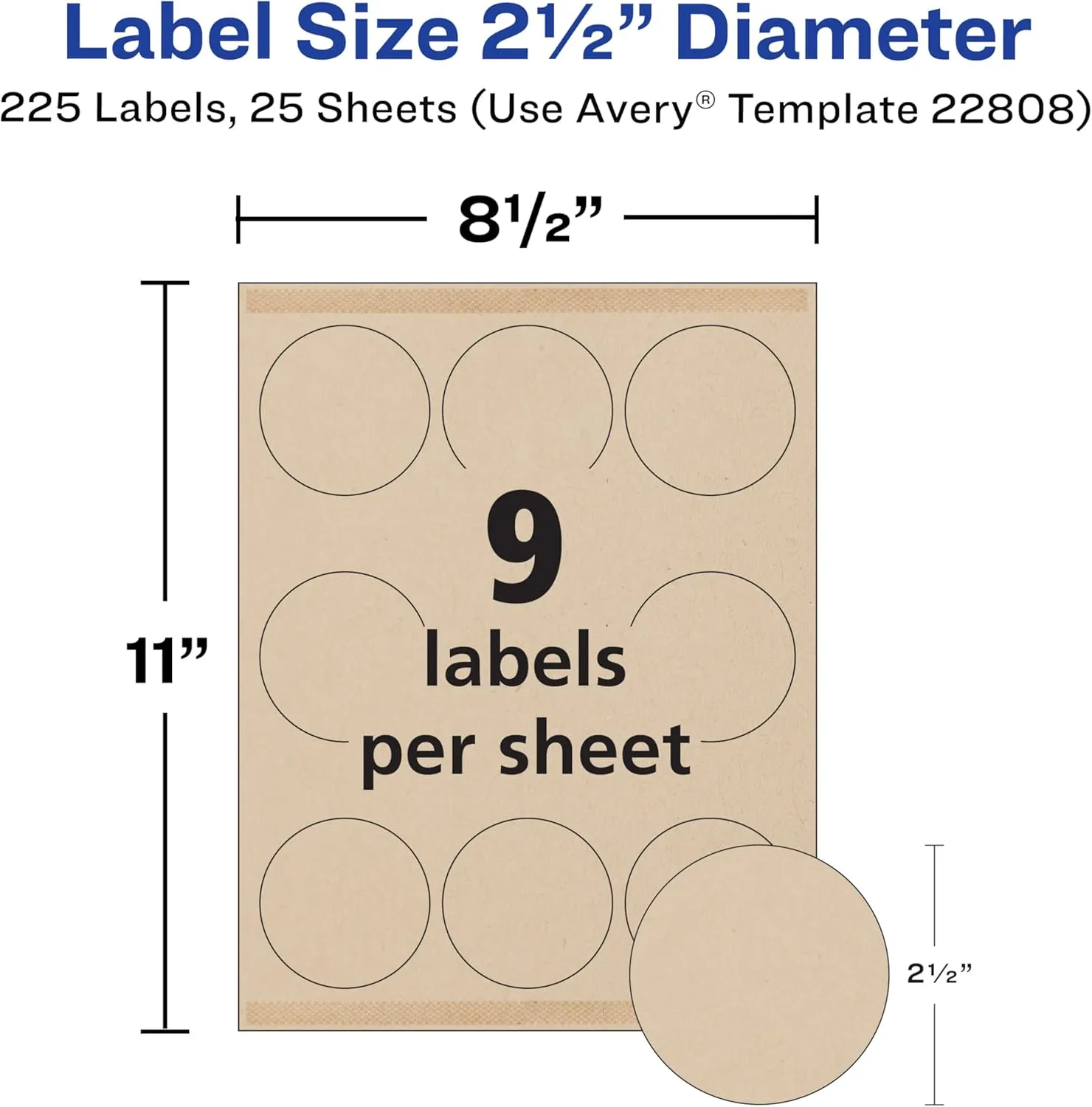 Avery Kraft Brown Round Labels with Sure Feed Technology, 2.5" Diameter, Print to The Edge, Laser/Inkjet Printable Labels, 5 Packs of 22808, 1,125 Total