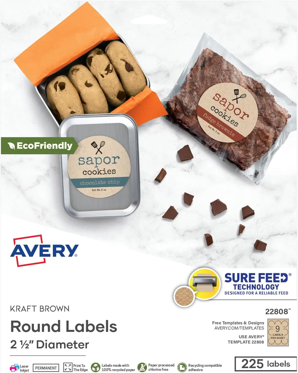 Avery Kraft Brown Round Labels with Sure Feed Technology, 2.5" Diameter, Print to The Edge, Laser/Inkjet Printable Labels, 5 Packs of 22808, 1,125 Total
