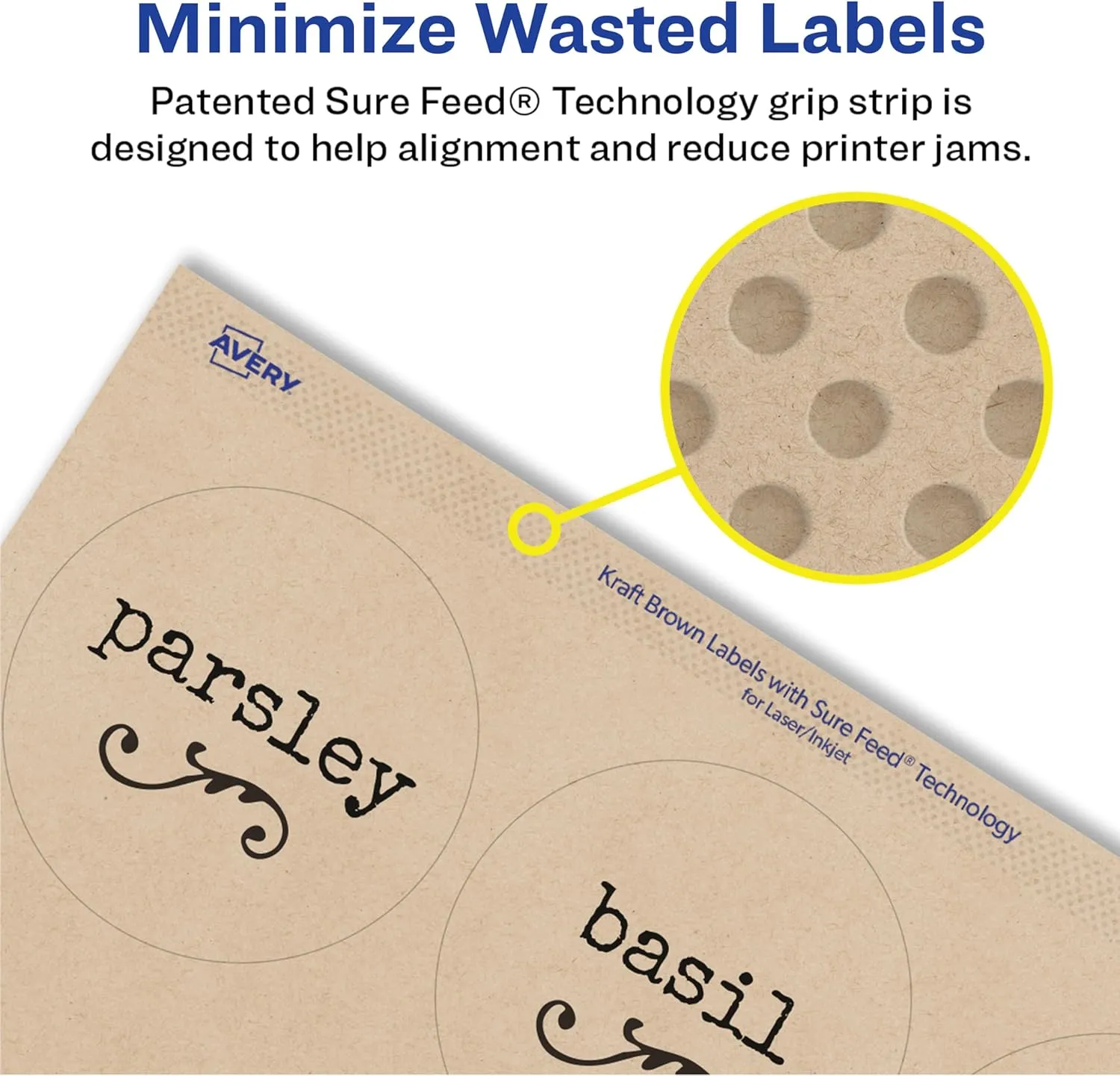 Avery Kraft Brown Round Labels with Sure Feed Technology, 2.5" Diameter, Print to The Edge, Laser/Inkjet Printable Labels, 5 Packs of 22808, 1,125 Total