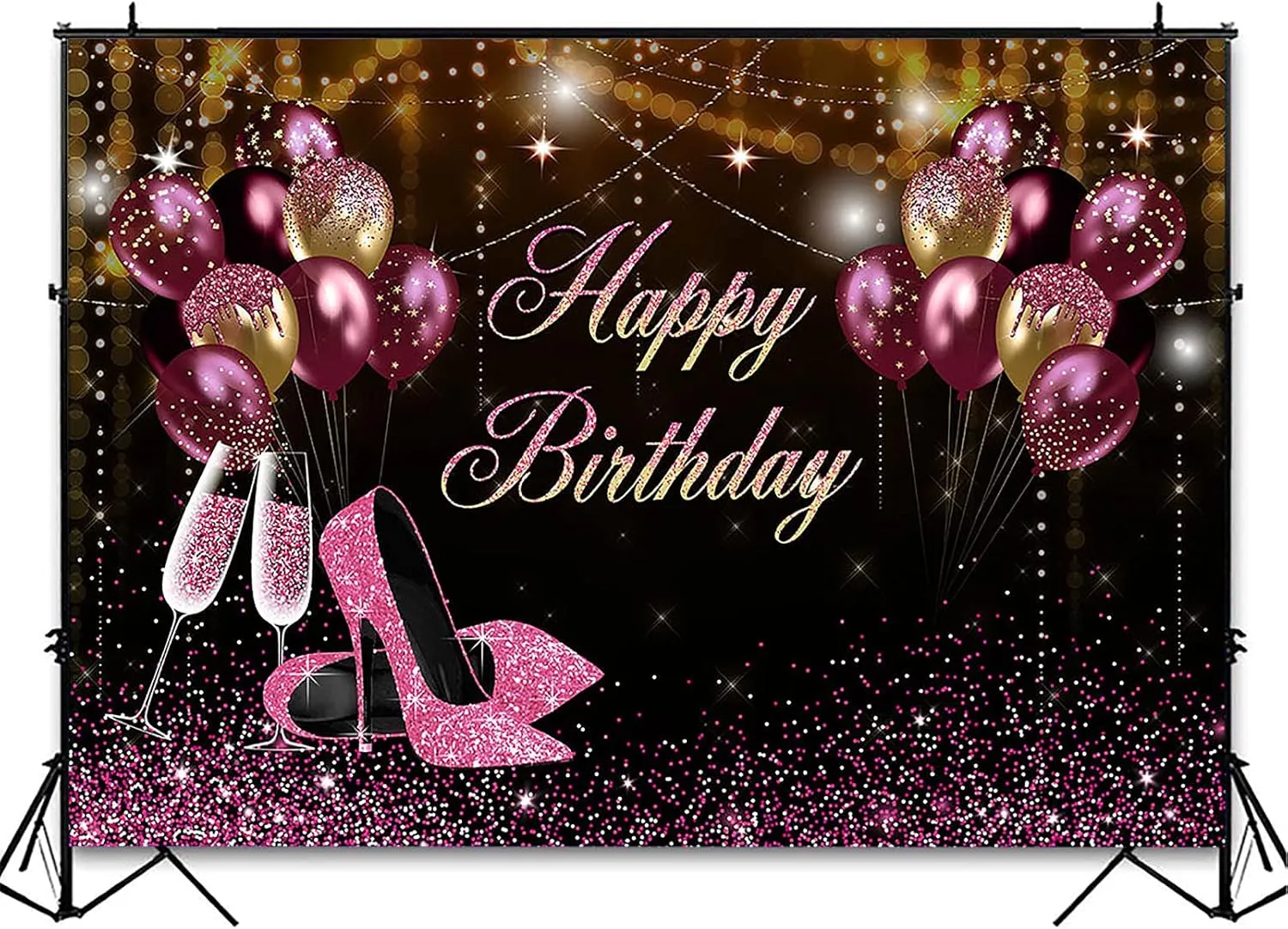 Avezano Black Gold Pink Glitters Birthday Backdrop for Girl Women Photoshoot Happy Birthday Party Banner High Heels Champagne Pink Golden Balloons Decorations Photography Background (10x7ft)