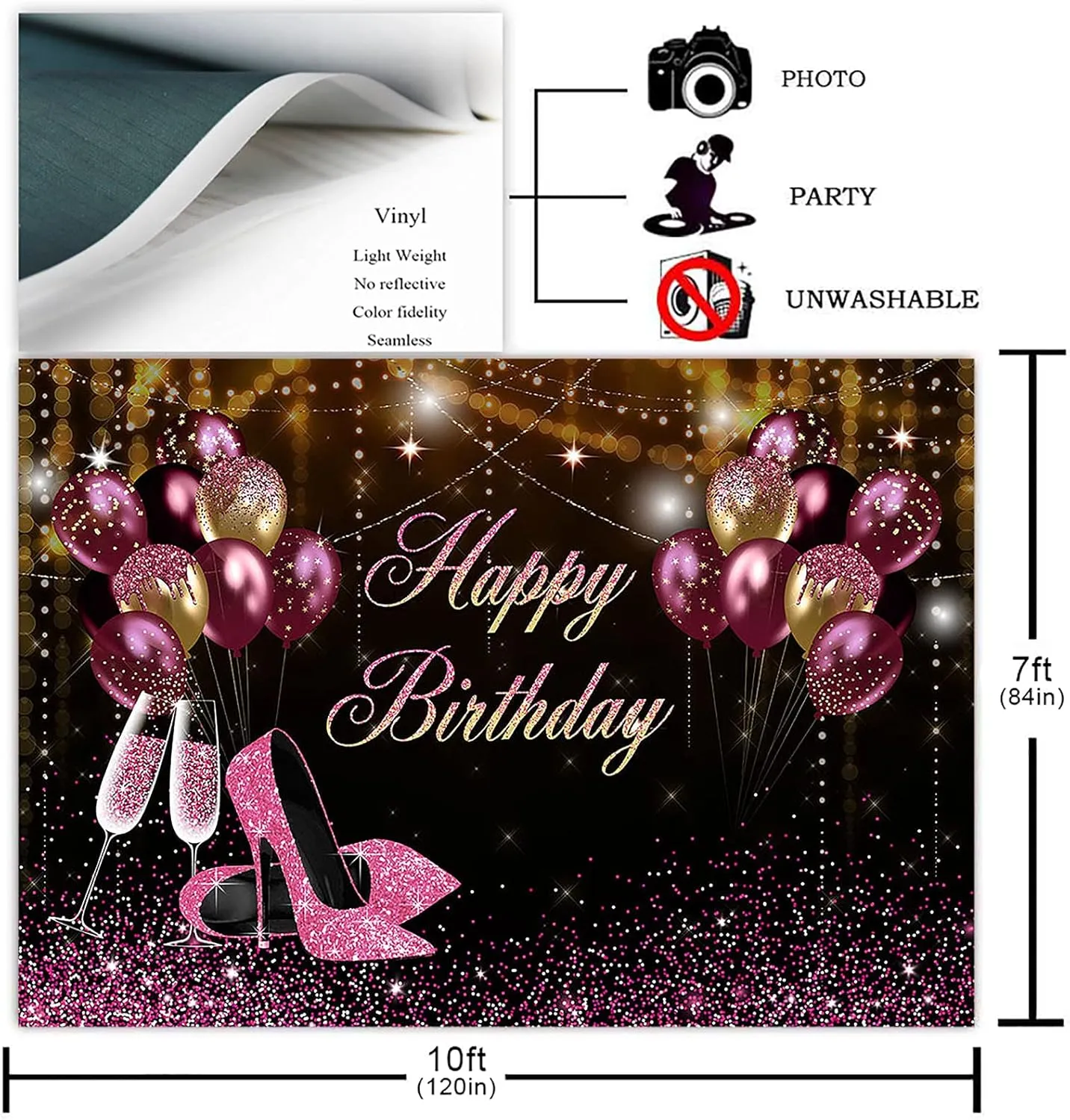 Avezano Black Gold Pink Glitters Birthday Backdrop for Girl Women Photoshoot Happy Birthday Party Banner High Heels Champagne Pink Golden Balloons Decorations Photography Background (10x7ft)
