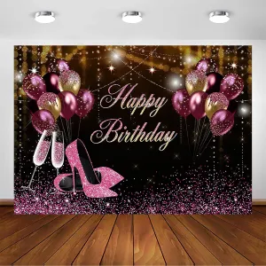 Avezano Black Gold Pink Glitters Birthday Backdrop for Girl Women Photoshoot Happy Birthday Party Banner High Heels Champagne Pink Golden Balloons Decorations Photography Background (10x7ft)