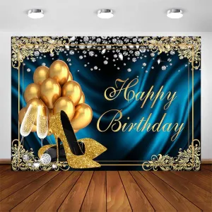Avezano Gold Blue Birthday Party Backdrop for Women Girls 7x5ft Golden Balloons High Heels Champagne Diamond Adult Women Birthday Party Decoration Banner Photoshoot Photography Background