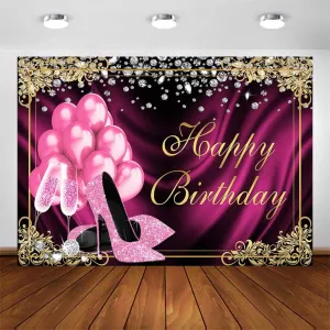 Avezano Pink Gold Birthday Party Backdrop for Women Girls 7x5ft Sweet Pink Balloons High Heels Champagne Diamond Adult Women Birthday Party Banner Decoration Photoshoot Photography Background