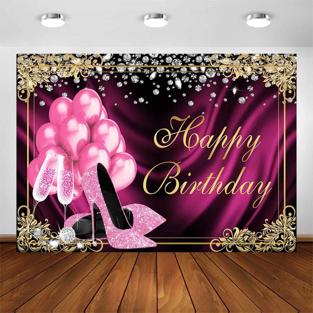 Avezano Pink Gold Birthday Party Backdrop for Women Girls 7x5ft Sweet Pink Balloons High Heels Champagne Diamond Adult Women Birthday Party Banner Decoration Photoshoot Photography Background