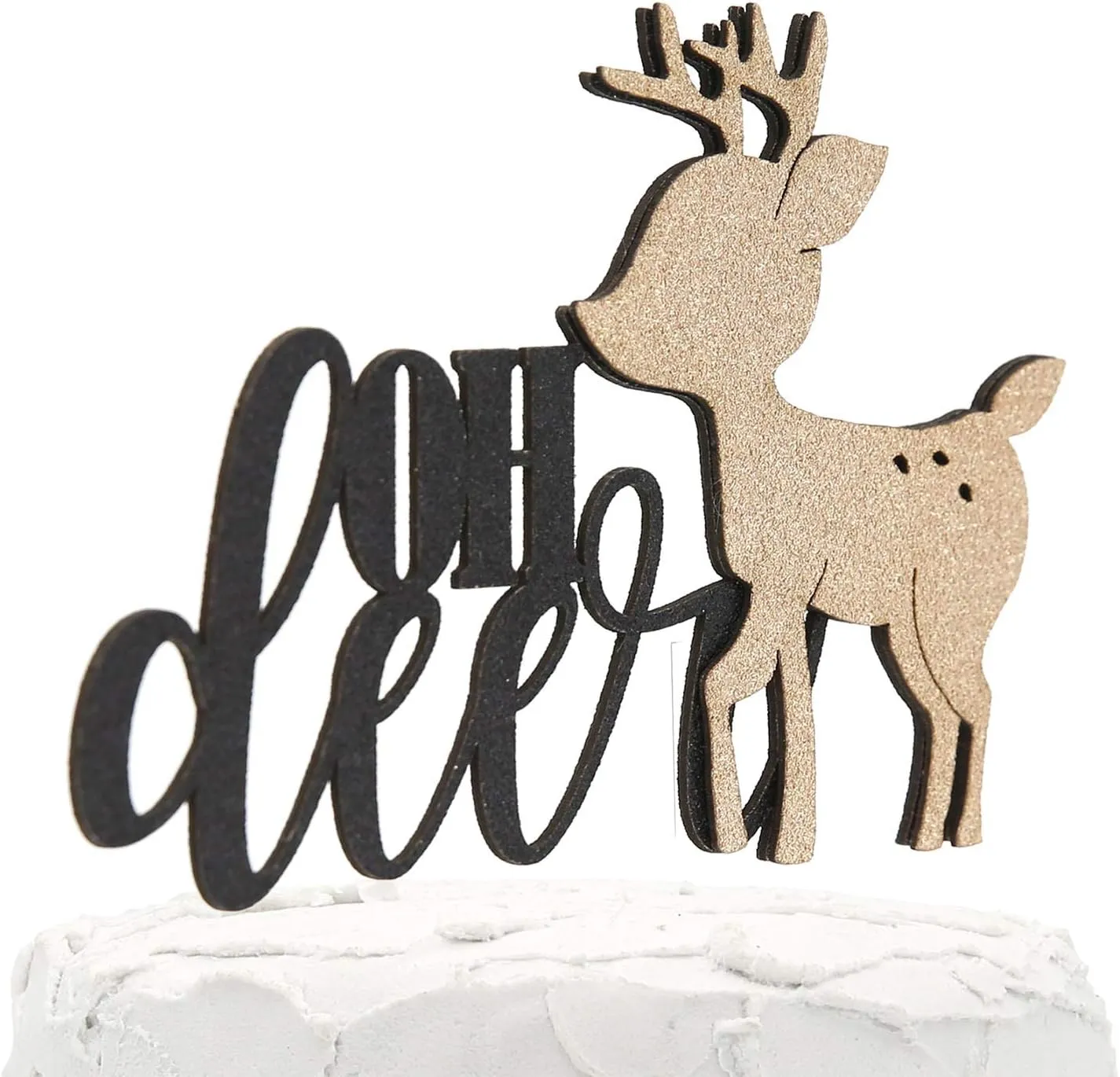 Baby Shower Cake Topper - oh deer - Double Sided Black Glitter with Champagne Buck - Premium Quality Made in USA