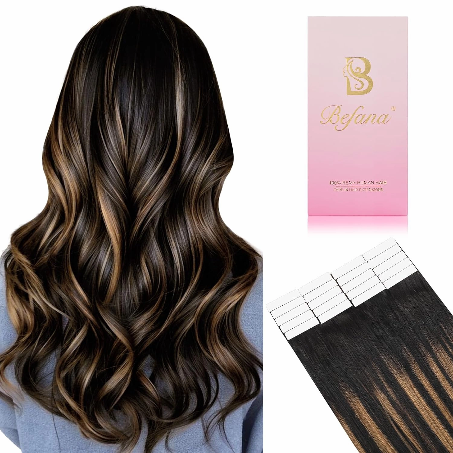 Balayage Tape in Hair Extensions Human Hair, 20inch 20Pcs Natural Black to Chestnut Brown Balayage Tape ins Human Hair Extensions,Straight Silky 50g for Women Girls