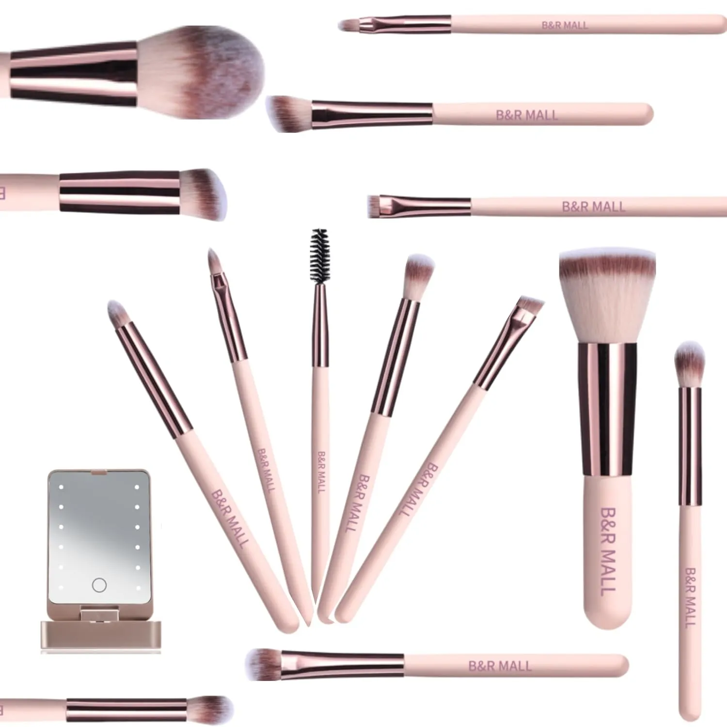 B&R MALL Premium Makeup Brush Set with LED Mirror – Supper soft Brushes for Flawless Foundation, Concealer, Eyeshadow & More | Lightweight, Versatile, Perfect for On-the-Go Touch-Ups (Champagne Gold)