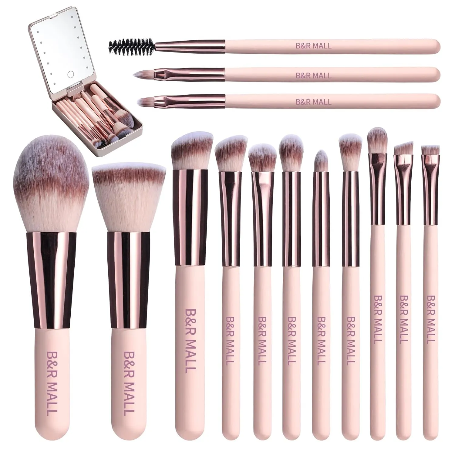 B&R MALL Premium Makeup Brush Set with LED Mirror – Supper soft Brushes for Flawless Foundation, Concealer, Eyeshadow & More | Lightweight, Versatile, Perfect for On-the-Go Touch-Ups (Champagne Gold)
