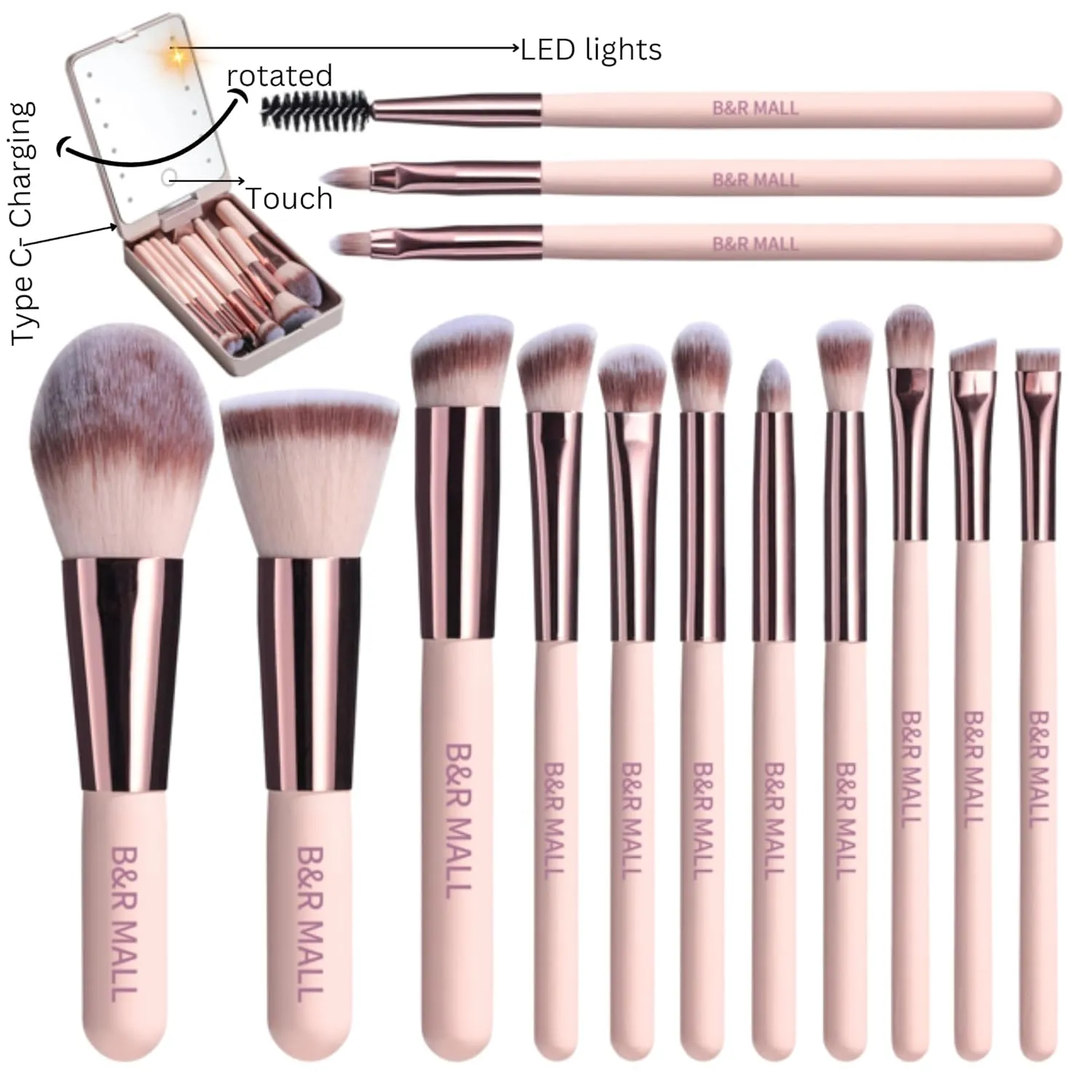 B&R MALL Premium Makeup Brush Set with LED Mirror – Supper soft Brushes for Flawless Foundation, Concealer, Eyeshadow & More | Lightweight, Versatile, Perfect for On-the-Go Touch-Ups (Champagne Gold)